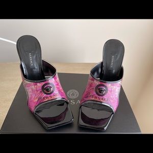 Versace Pink and Black Hologram Jungle Print Mules